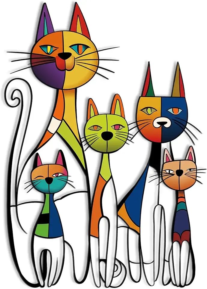 Wesiti Cat Wall Art Decor Iron Wall Sculptures Decor for Cats Lover 10.6 x 15.7 Inches Colorful Mid Century Cat Retro Signs for Home Living Room Bedroom Kitchen Office (Glamorous)