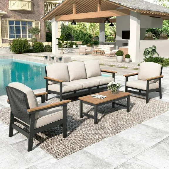 MF Studio HDPE Patio Furniture Set, 4-Piece HDPE & Wicker Outdoor Conversation Set with Thick Cushions and Coffee Table, Black $829.00 Was $1,149.99
