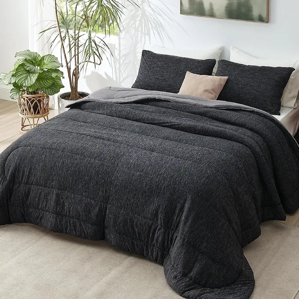 Bedsure Queen Comforter Set, Reversible Cooling & Warm Bedding, Black | All-Season Use, 4 Corner Loops, Ultra-Soft Nylon-Polyester Blend, Gentle on Skin, Box-Stitched Secures Filling, OEKO-TEX