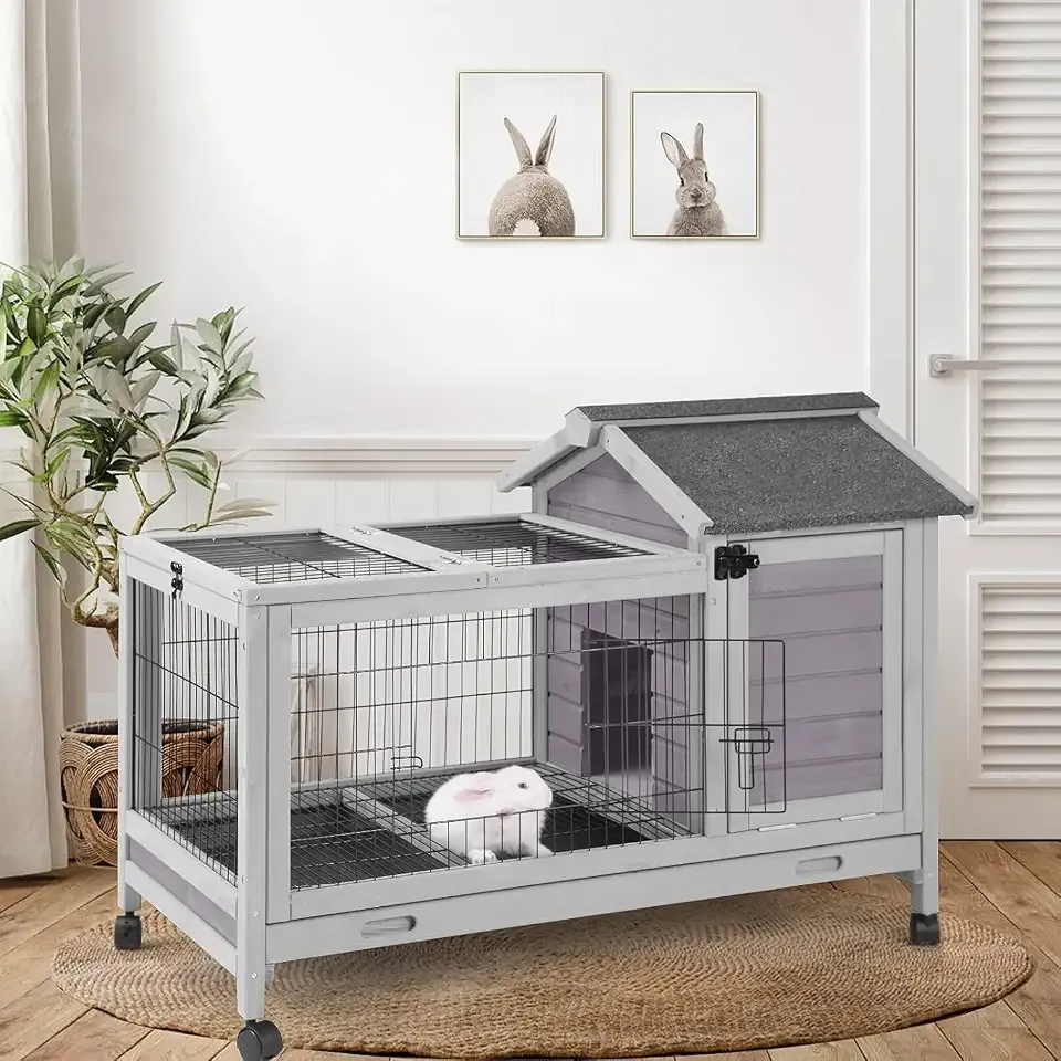 Rabbit Hutch Indoor Bunny Cage Outdoor Wood House with Wire Mesh,Grey | Openable Asphalt Roof Rabbit Cage, Bunny Hutch With Run&Wheels, 5 Access Areas, Pull-Out Tray, Natural Fir Frame,Small Animal