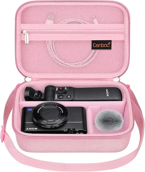 Canboc Carrying Camera Case for Sony ZV-1F/ ZV-1/ ZV-1II Vlog Digital Camera & Vlogger Accessory Kit Tripod, Travel Storage Bag with Strap, Mesh Pocket fit Cable, Pink