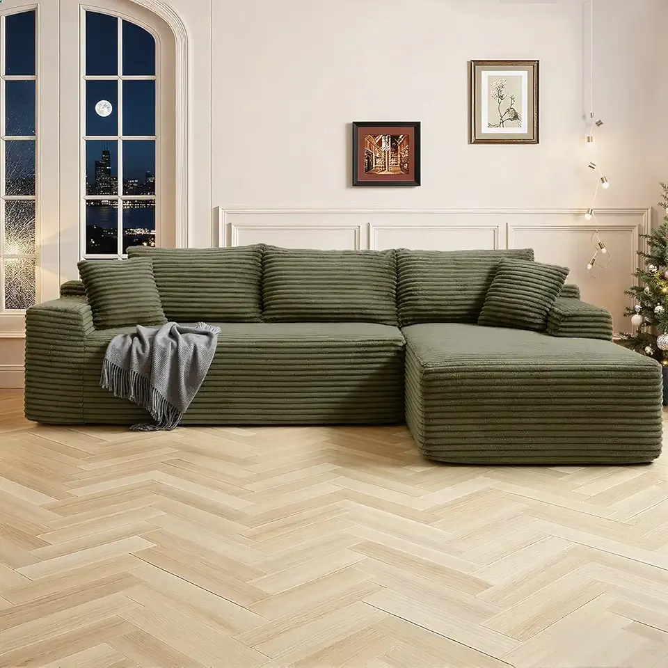 95 Inch Cloud Sectional Couch,Modular Sectional Sofa with Deep Seat,Modern Corduroy Boneless Couches with L-Shape Chaise for Living Room Bedroom,No Assembly Required (Green, Right Facing Chaise)