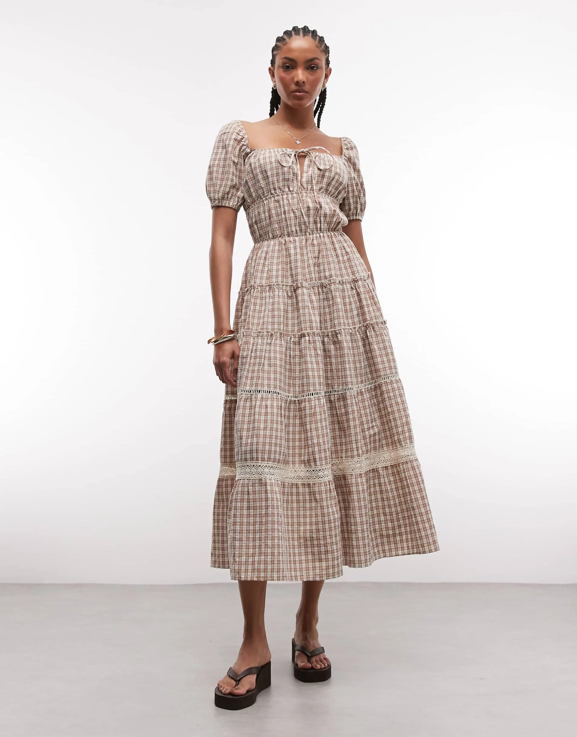 Daisy Street milkmaid tiered midi dress in brown check