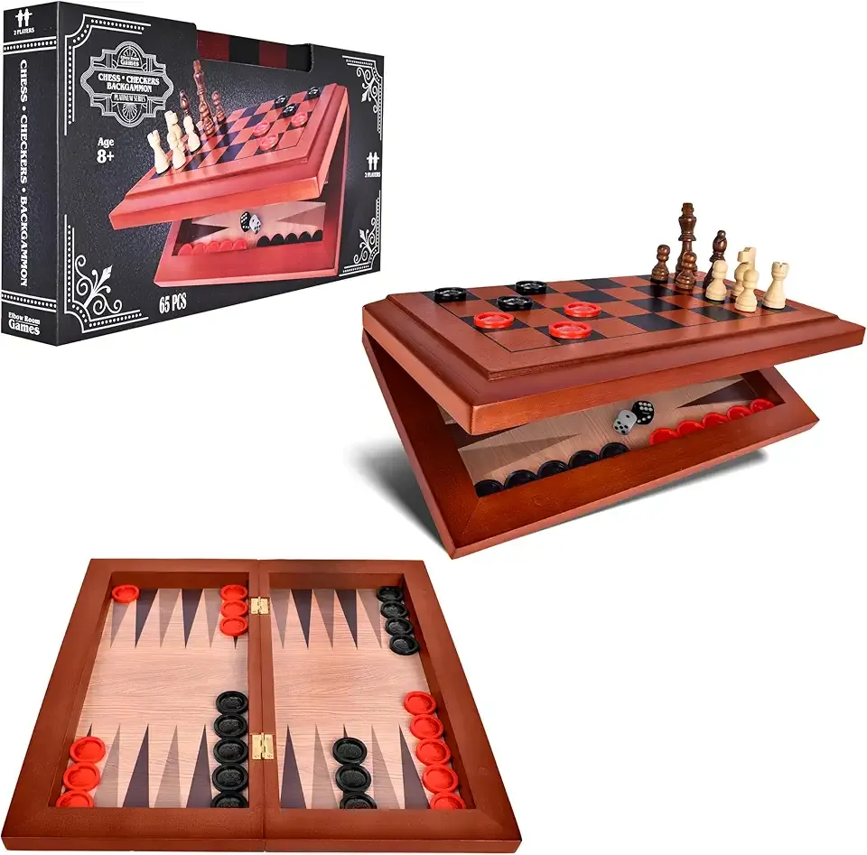Elbow Room Games 3-in-1 Chess, Checkers & Backgammon Board Game Set – Portable, Folding Classic Strategy Games for Family Fun & Travel
