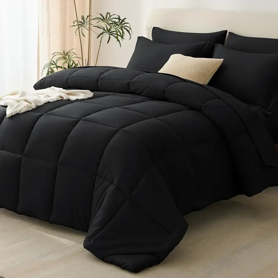 Queen Comforter Set, 7-Piece Bed in a Bag, Black | OEKO-TEX Certified, Box-Stitched Design, 240 GSM Down Alternative Fill, All-Season Comfort, Sheets, Pillowcases & Shams