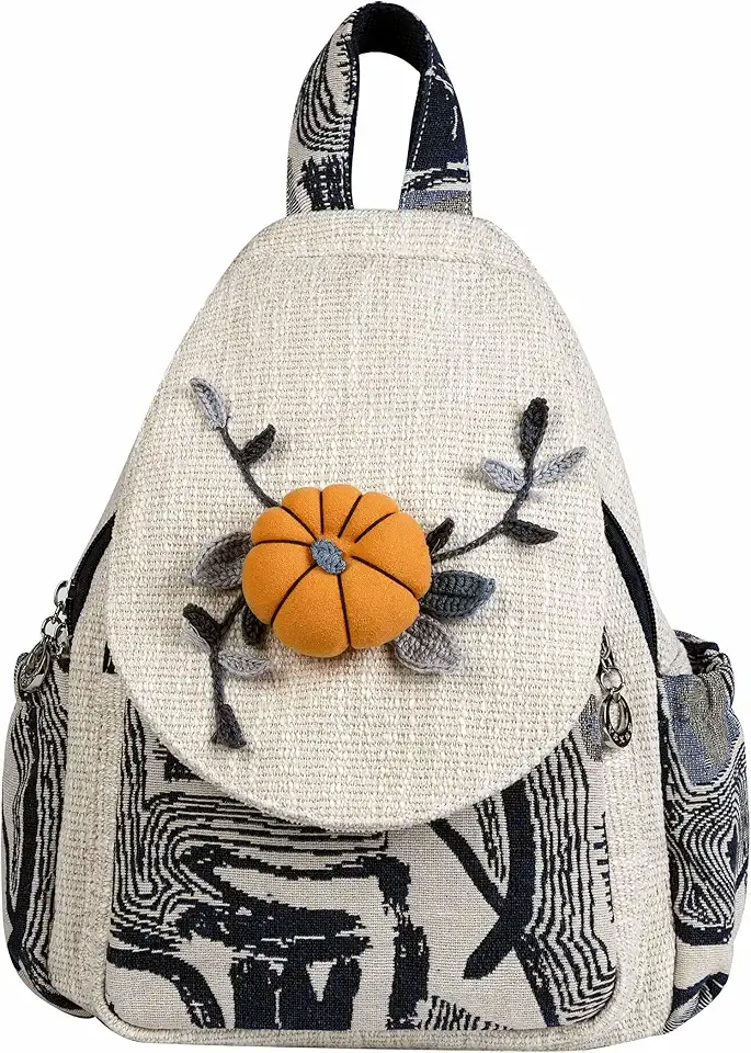 Boho and Bohemian Small Canvas Backpack Purse for Women - Adjustable Carry Sling Bag, Embroidered and Woven Tapestry Patterns Pumpkin