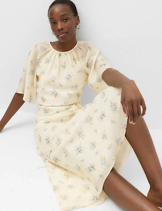Floral Angel Sleeve Midi Waisted Dress