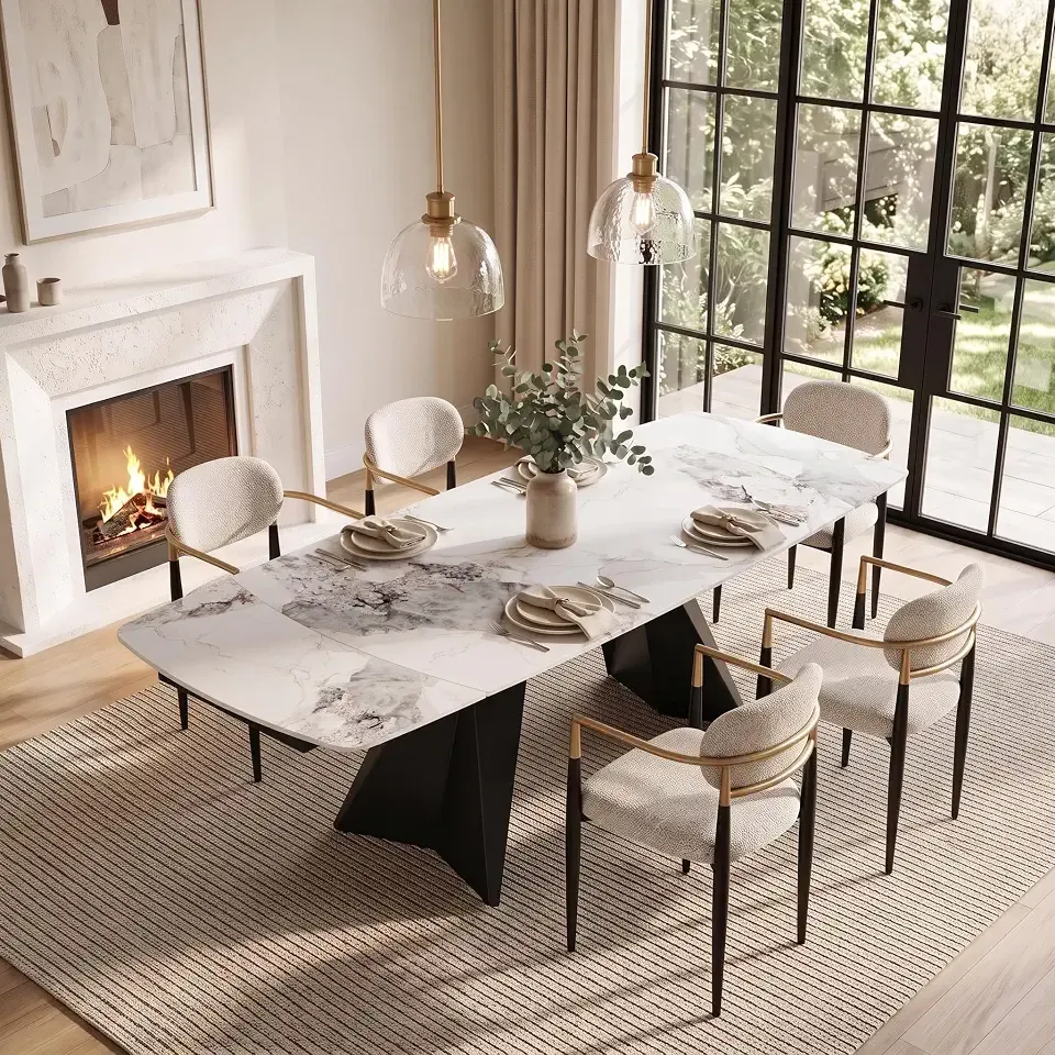 Honyee Sintered Stone Dining Table, Extendable Dining Table with Leaf, 65"-95" Rectangular Marble-Look Top, Seats 6-12, Metal Base, Easy-Clean, Heat & Scratch Resistant for Dining Room/Kitchen