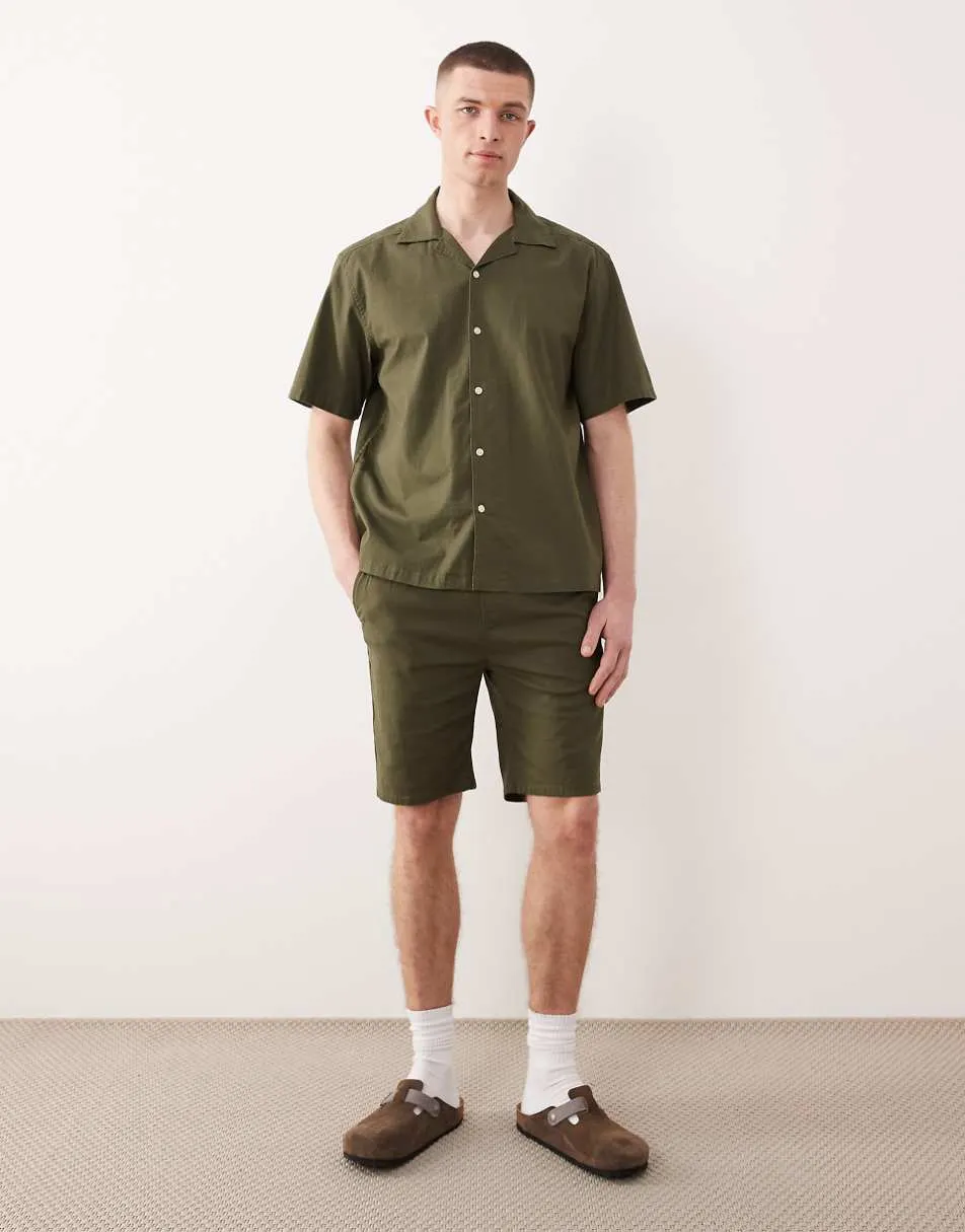 ONLY & SONS cotton rich revere collar shirt, cotton rich loose fit trousers & cotton rich shorts co-ord in olive green