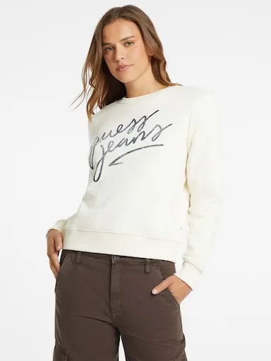 Guess Jeans Regular Italic Logo Sweat In Sandy Shore