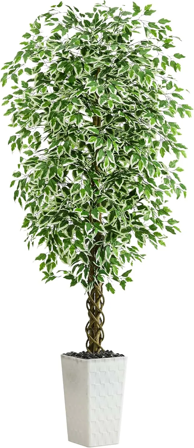 Artificial Ficus Tree Indoor 6FT Fake Plants Large Artificial Plant with Crack White Tall Planter, Green Lifelike Lush Fake Ficus Tree for Home Living Ro…