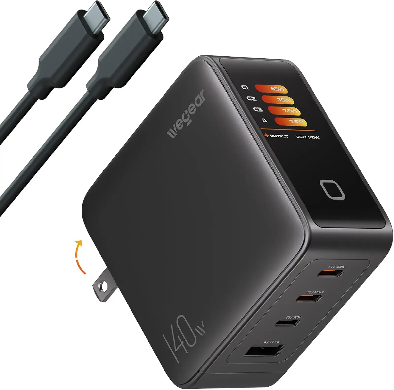 wegear 140W GaN USB C Charger Block, 4-Port PD3.1 Fast Wall Charger with Smart Display & Touch Control, Foldable Power Adapter with 240W USB-C Cable for MacBook Pro, iPhone 18/17, iPad, Galaxy S25/S24