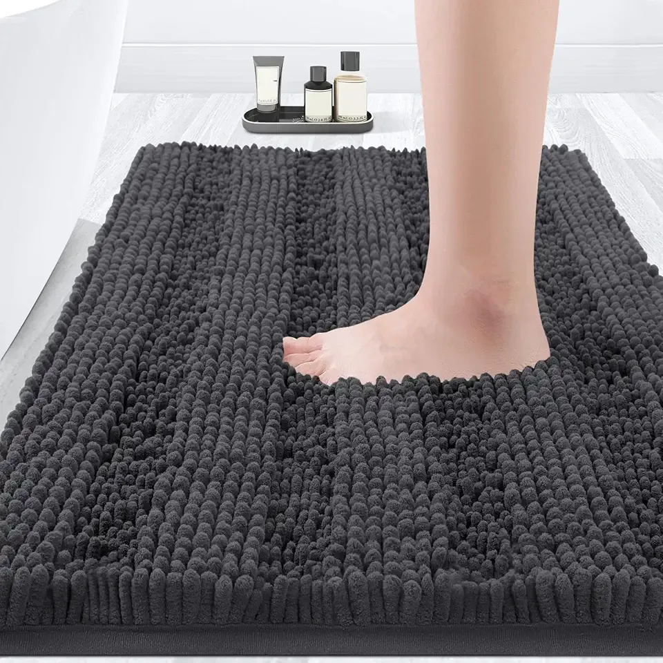 ACCUMTEK Striped Grey Bathroom Rug Mat 32"x20" Ultra Soft, Non Slip Chenille Bath Rugs, Absorbent Plush Shaggy Bath Mats for Bathroom, Bedroom, Kitchen, Shower, Tub,Deep Grey