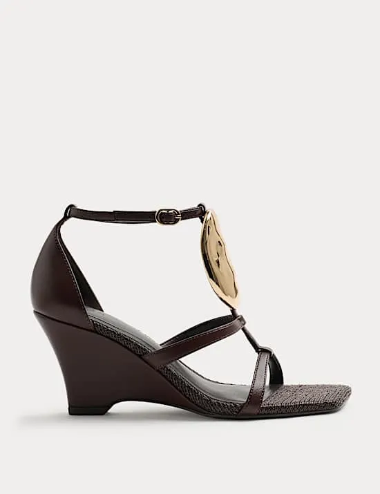 Gold Trim Detail Strappy Wedge Sandals