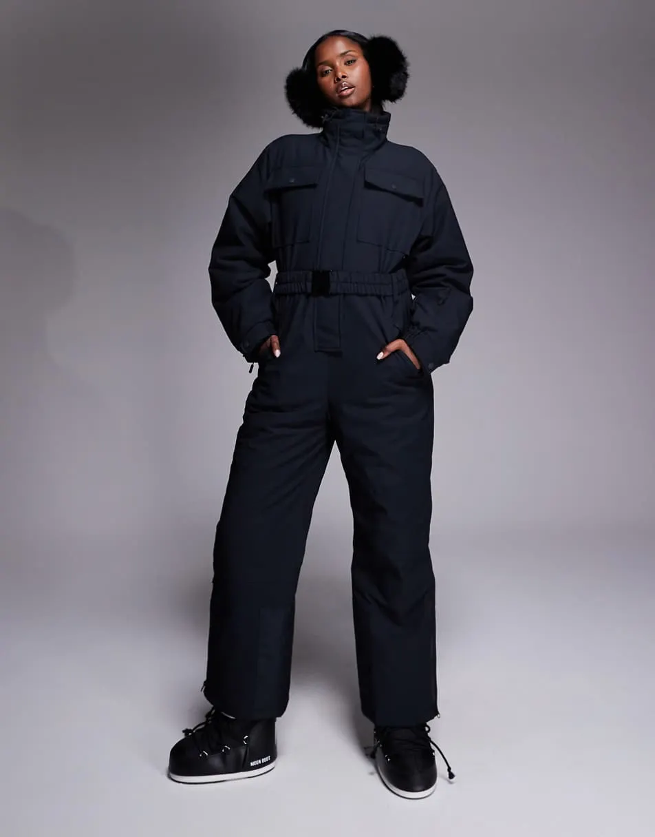 ASOS 4505 Ski retro belted ski suit with funnel neck in black