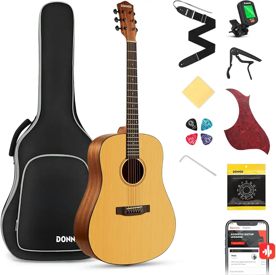 Donner Acoustic Guitar for Beginner Adult Full Size Dreadnought Acustica Guitarra Starter Bundle Kit with Gig Bag Strap Tuner Capo Pickguard String 4 Picks Cloth, Right Hand 41 Inch Natural, DAG-1
