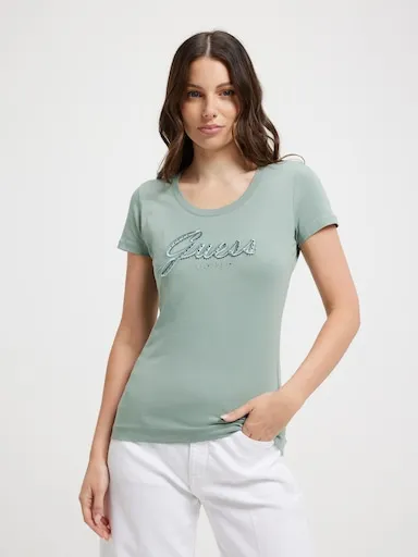 Guess Short Sleeve Embro Script Logo Tee In Fade To Jade