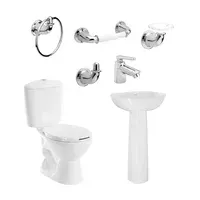 Combo Manantial: Sanitario Manantial Redondo Blanco De 2 Piezas + Lavamanos Manantial Con Pedestal + Grifería Nogal + Kit De Accesorios Cromados Valencia 4 Piezas Corona