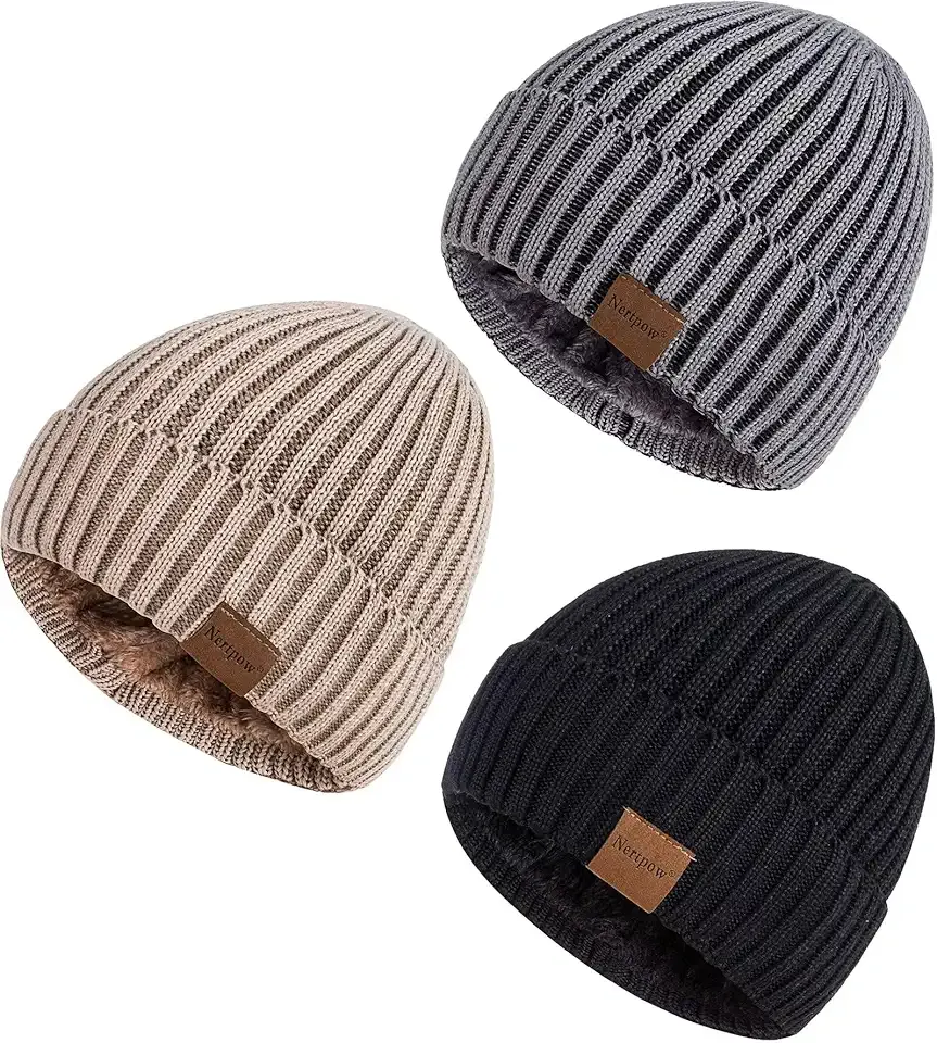 Mens Beanie Hats 3 Pack, Winter Hats for Men Women Warm Thermal Fleece Lined, Thick Knit Fashion Skull Cap for Guys