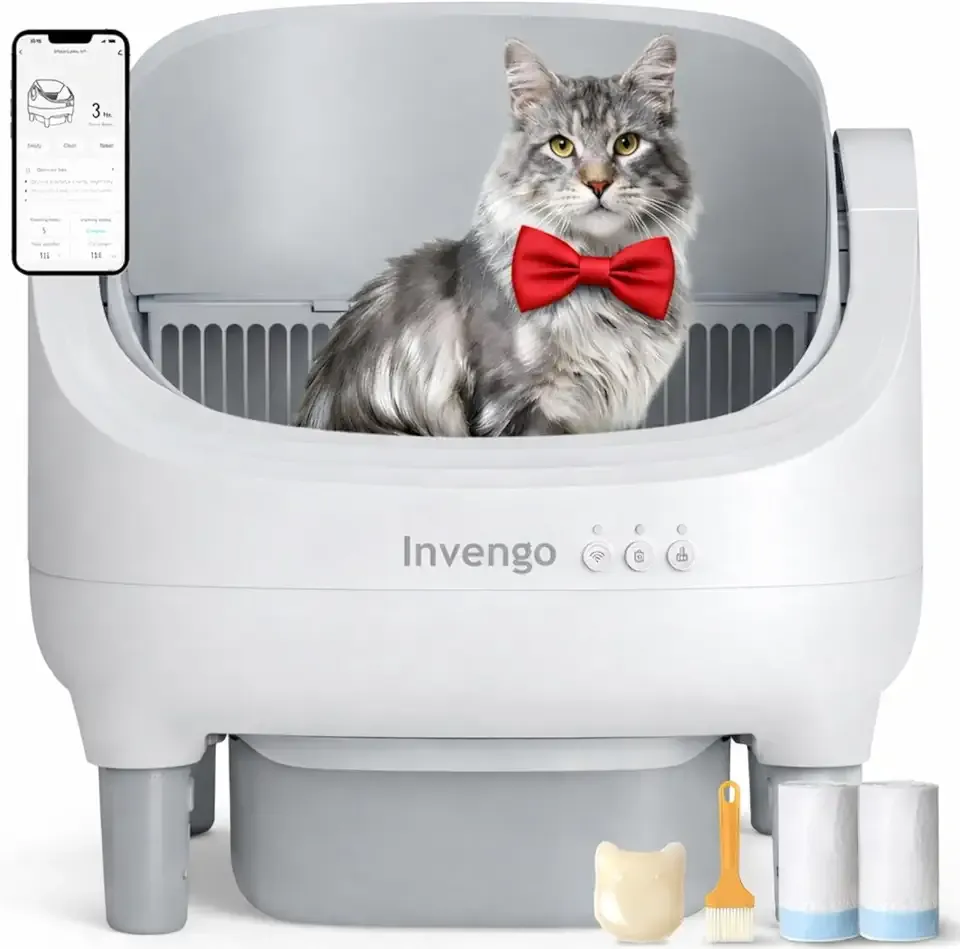 Automatic Cat Litter Box Self Cleaning, App Control, Open-Top Automatic Litter Box with Safety Sensors, Ultra-Quiet, 10L Waste Bin with Odor Control, 2 Rolls of Garbage Bags, LightGrey