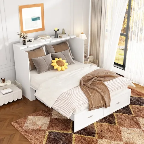 White Wood Full-Size Murphy Bed Chest with 2 Large Drawers, USB Charging & Wheels