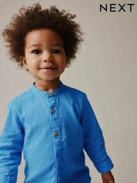 Cobalt Blue Grandad Collar Linen Mix Shirt (3mths-7yrs)