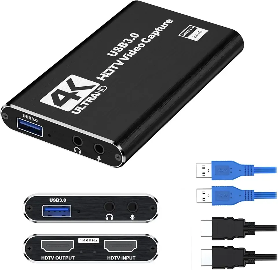 4K Capture Card for Streaming, Recording & Gaming – HDMI Video Capture Device with USB 3.0, 1080p 60fps, Zero Latency for PS5, Xbox, Switch, OBS, PC, Mac – Plug & Play, No Driver Needed