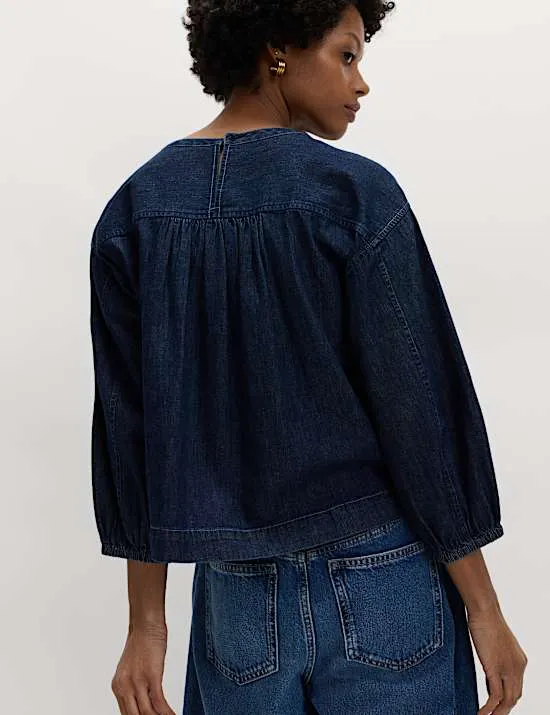 Pure Cotton Denim Crew Neck Blouse