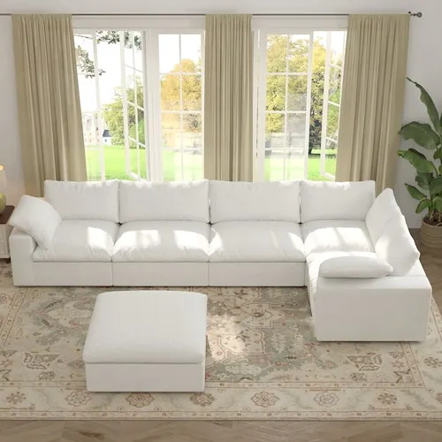 Magic Home 118 in. Modular White Linen Rubber Wood Queen Size U-Shaped 5-Seat with Ottoman, Detachable Covers