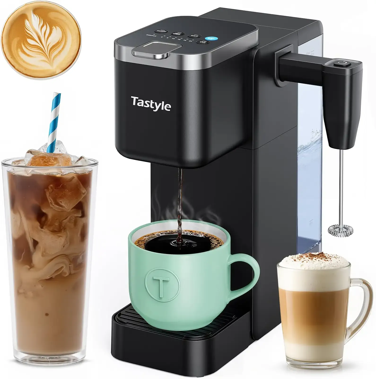 Tastyle Single Serve Coffee Maker with Built-in Detachable Milk Frother | For K Cups & Grounds, 40oz Removable Water Tank, 6 Brew Sizes, 2 Drip Trays, BPA Free, Fits 7.3" Travel Mug, K330MF, Black