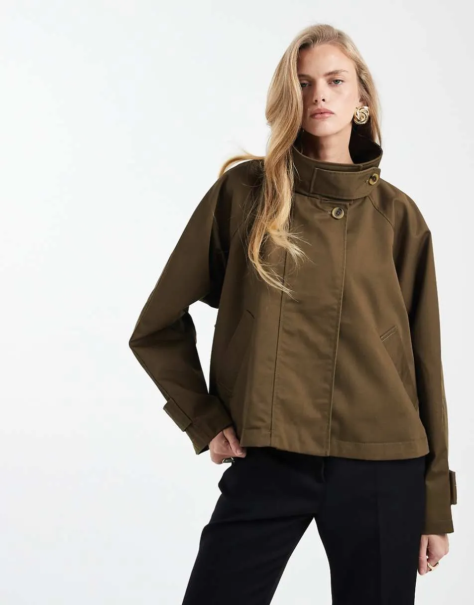 ASOS DESIGN cropped cape detail trench coat in khaki
