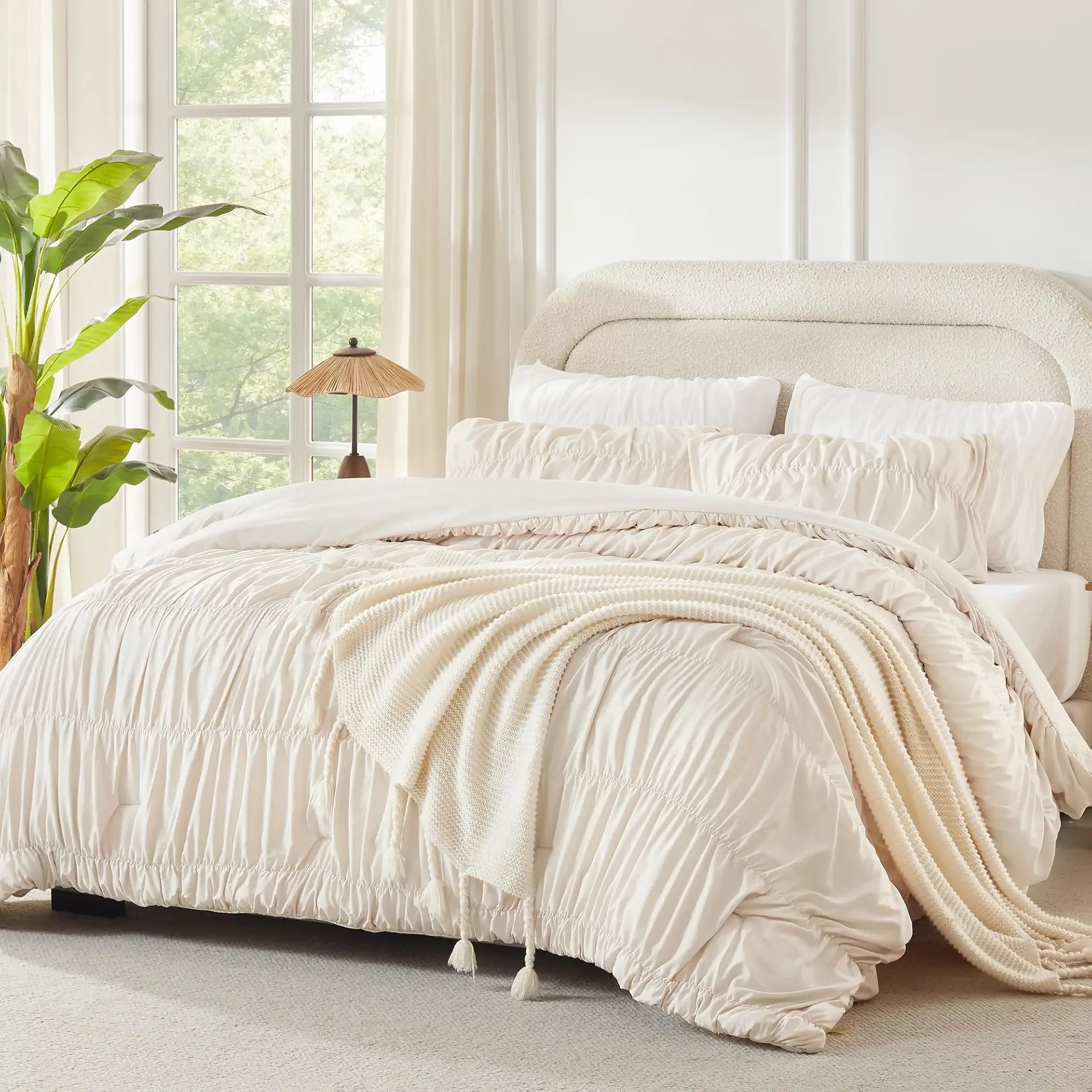 Andency Ruched Beige Full Comforter Set, Boho Ruffle Bedding Set 3 Pieces | Shabby Chic Bed Set for Girls, Kids, Women, Lightweight Soft Pleatd Comforter, All Season