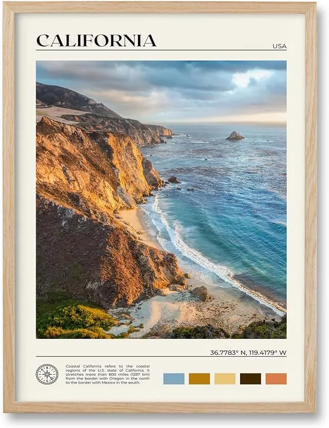HesenDot Natural OAK Wood Coastal California Refers Framed Wall Art,12x16in Natural Seascape Canvas Wall Print,Classic Urban Landmark…
