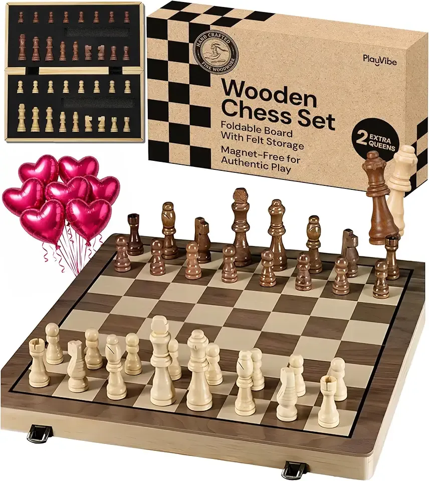 PlayVibe Wooden Chess Set 15'' Board Games for All Players with 2 Extra Queens - Handmade Classic Wooden Chess Board Set, Portable & Folding Playtime Boards, Indoor Cozy Fun Gift for Adults & Kids