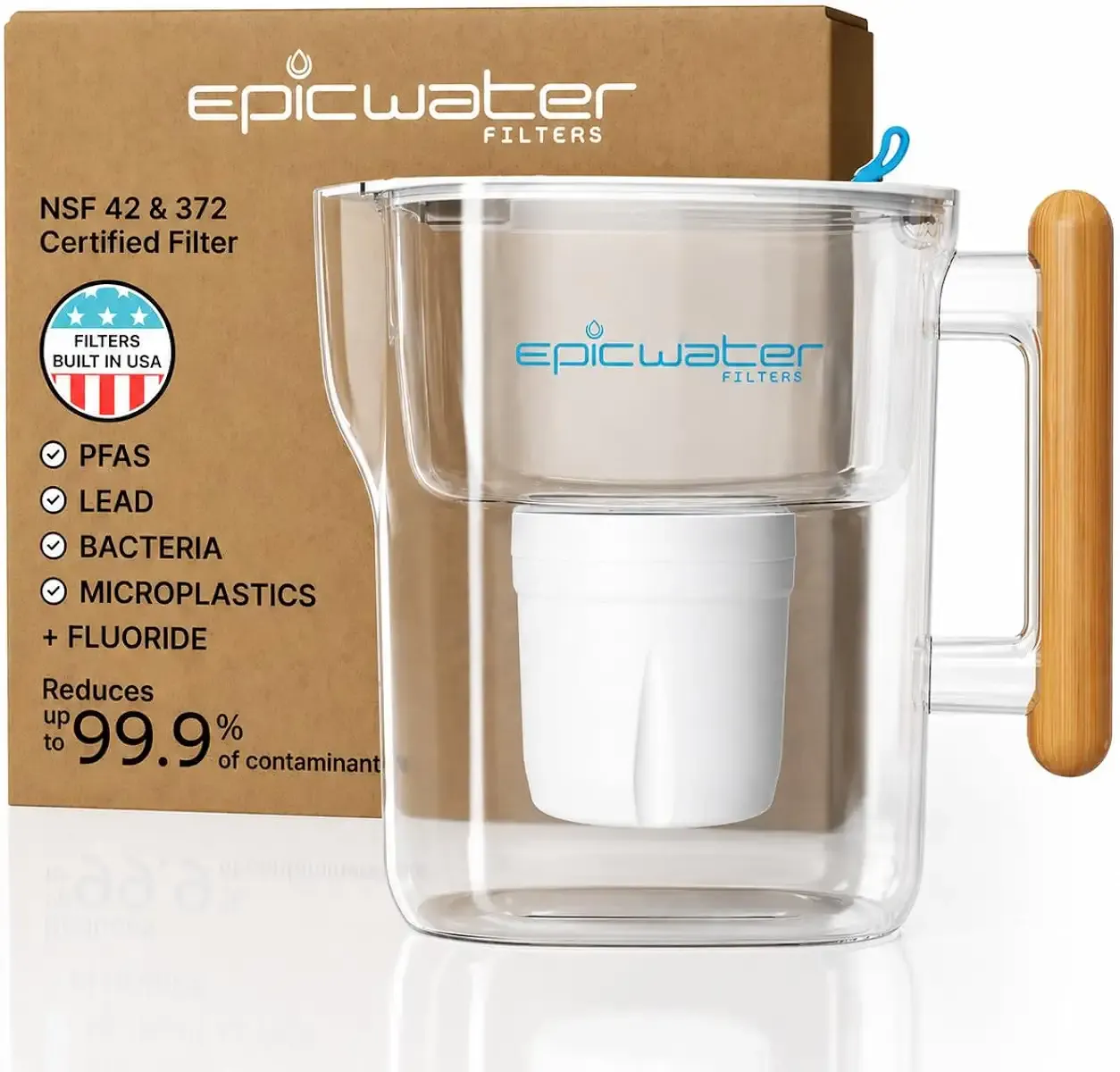 Epic Pure XP Water Filter Pitcher with Advanced CoreXchange™ Filter | NSF Certified | Removes PFAS, Lead, Chlorine & More | BPA-Free | Made in USA (White & Bamboo)