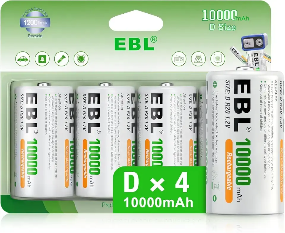 EBL Rechargeable D Batteries, 10000mAh Ni-MH High Capacity D Cell Battery New Retail Package, Pack of 4