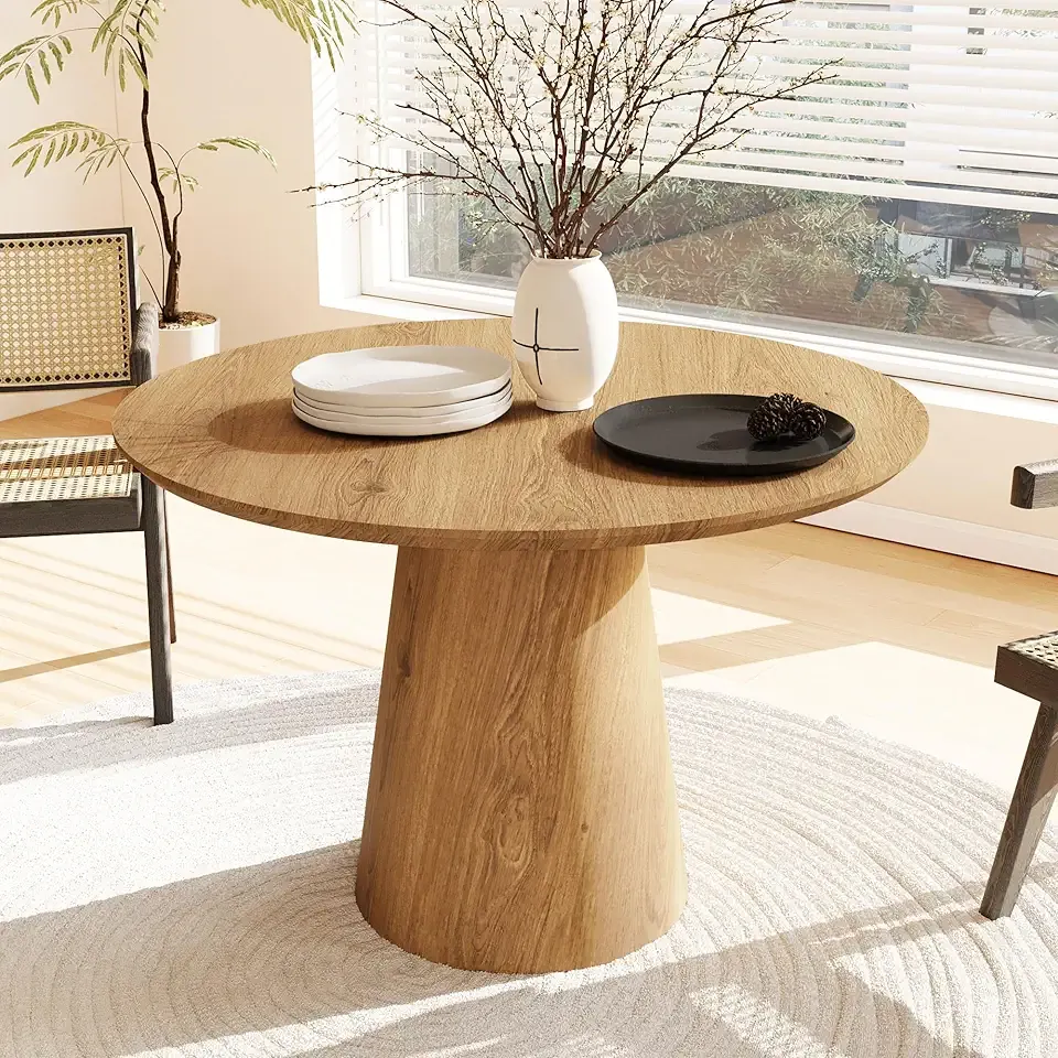 Wood Round Dining Table, 43" Round Pedestal Dining Table with Stable Base, Mid Century Modern Minimalist Circle Table, Farmhouse Kitchen Table for 4-6 for Dining Room,Kitchen,Oak