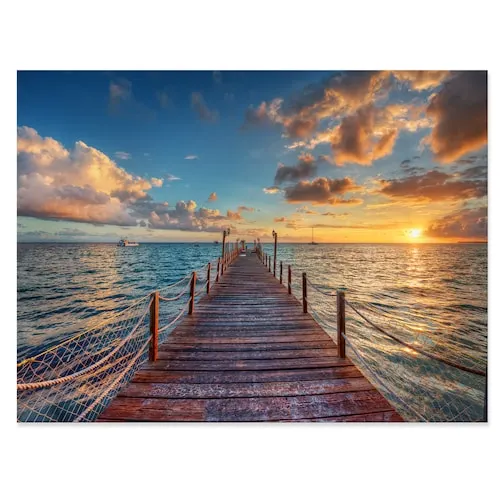Brilliant Sunrise Over Sea Pier - Modern Canvas Art Print - 32X16