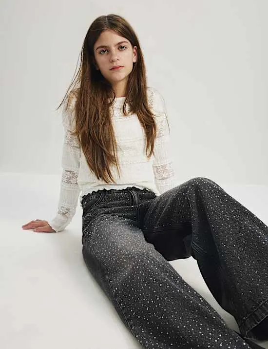 Denim-Jeans mit weitem Bein und Strass (6–16 J.)