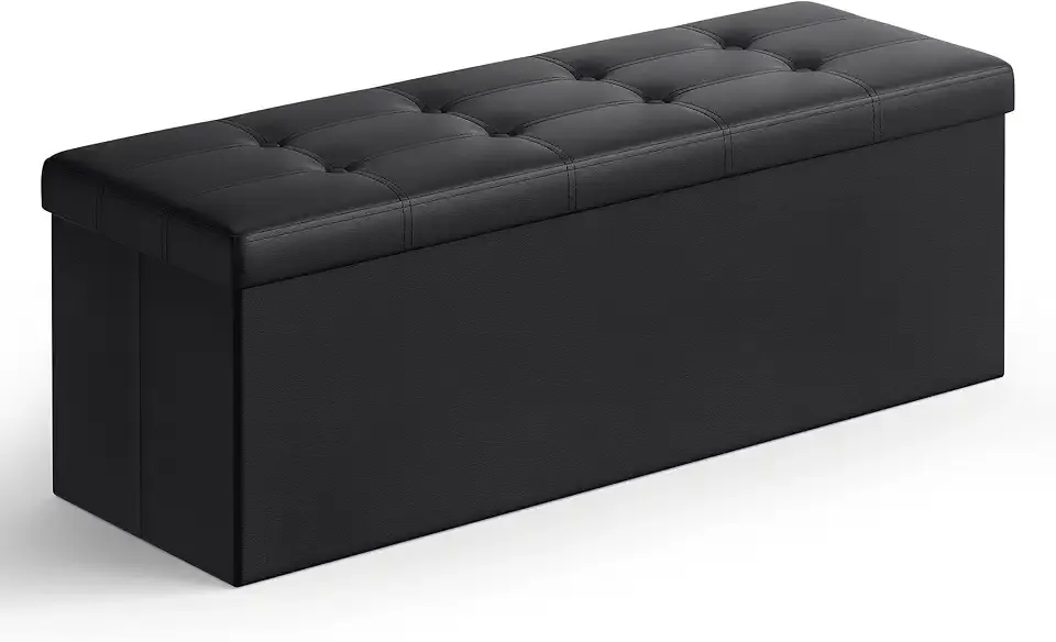 MAZIE Collection - 43 Inches Folding Storage Ottoman Bench, Ottoman with Storage, Foot Rest Stool, Load 660 lb, for Living Room, Synthetic Leather, Black ULSF701