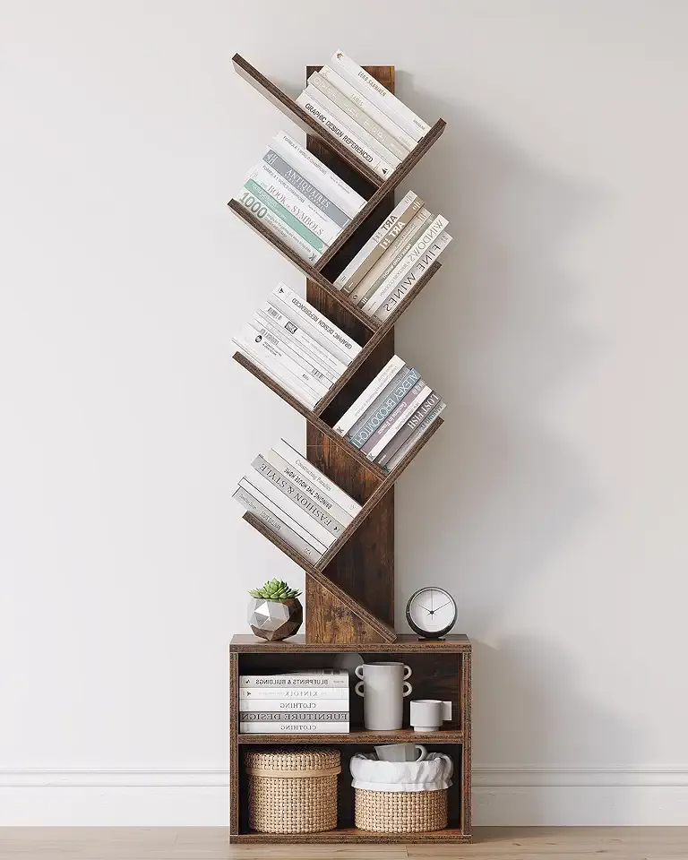 6 Tier Tree Bookshelf, Small Bookcase with Storage Cabinet, Modern Tall Narrow Bookshelves Organizer, Floor Standing Book Shelf for Bedroom/Living Room/Home Office/Corner, Rustic Brown