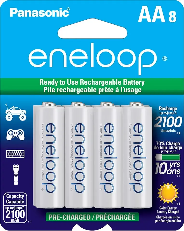 Eneloop Panasonic BK-3MCCA8BA AA 2100 Cycle Ni-MH Pre-Charged Rechargeable Batteries, 8-Battery Pack