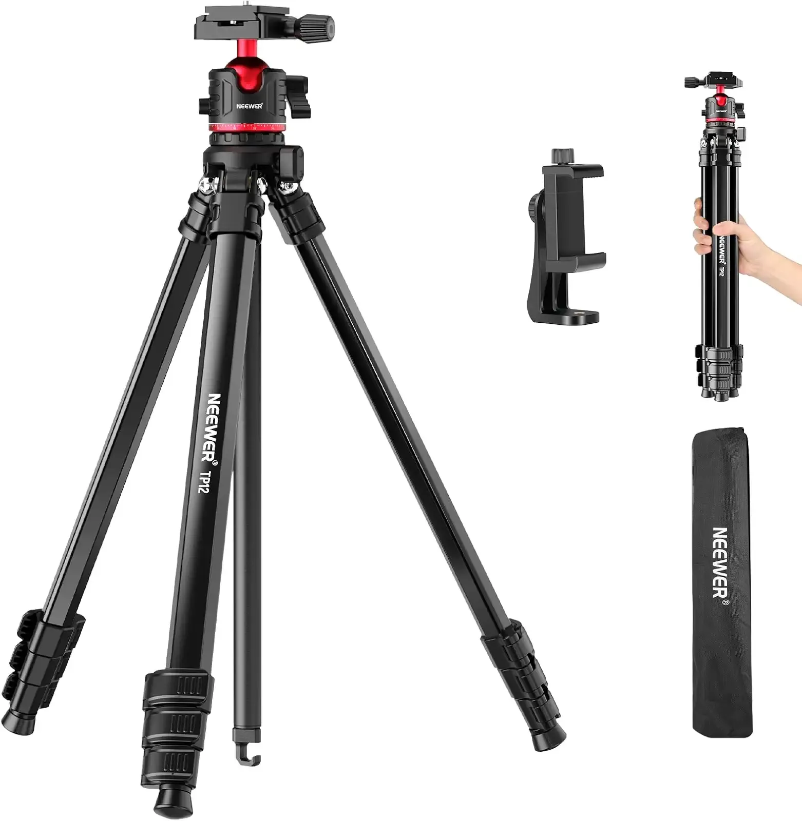 NEEWER Basics 66.5"/169 cm Travel Tripod for Camera, Lightweight Portable DSLR Stand with Ball Head, Arca Type QR Plate, Cell Phone Holder Compatible with iPhone Video Recording, Max Load 11 lb, TP12