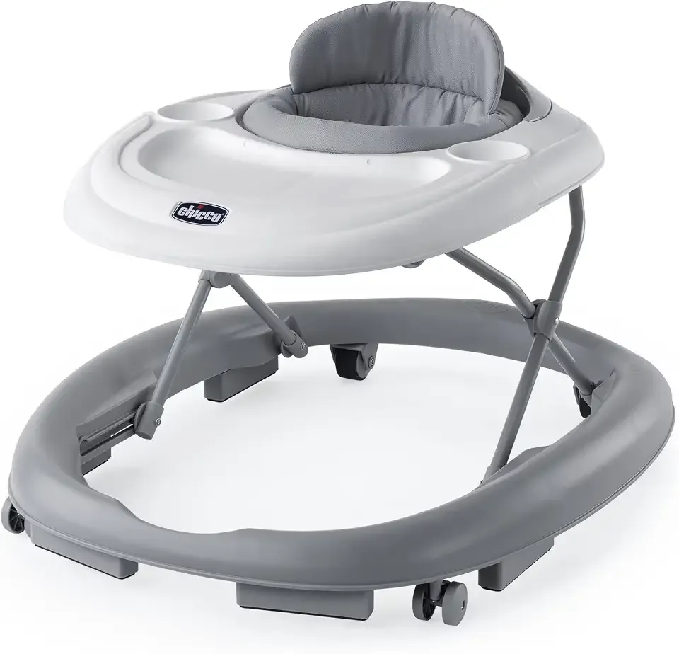 Chicco Mod Walker Foldable Infant Walker, 3 Height Adjustments, BPA-Free Tray with 2 Cup Holders, Brake Pads, for Children up to 26 lbs., Space-Saving Compact Fold, Grey/Grey