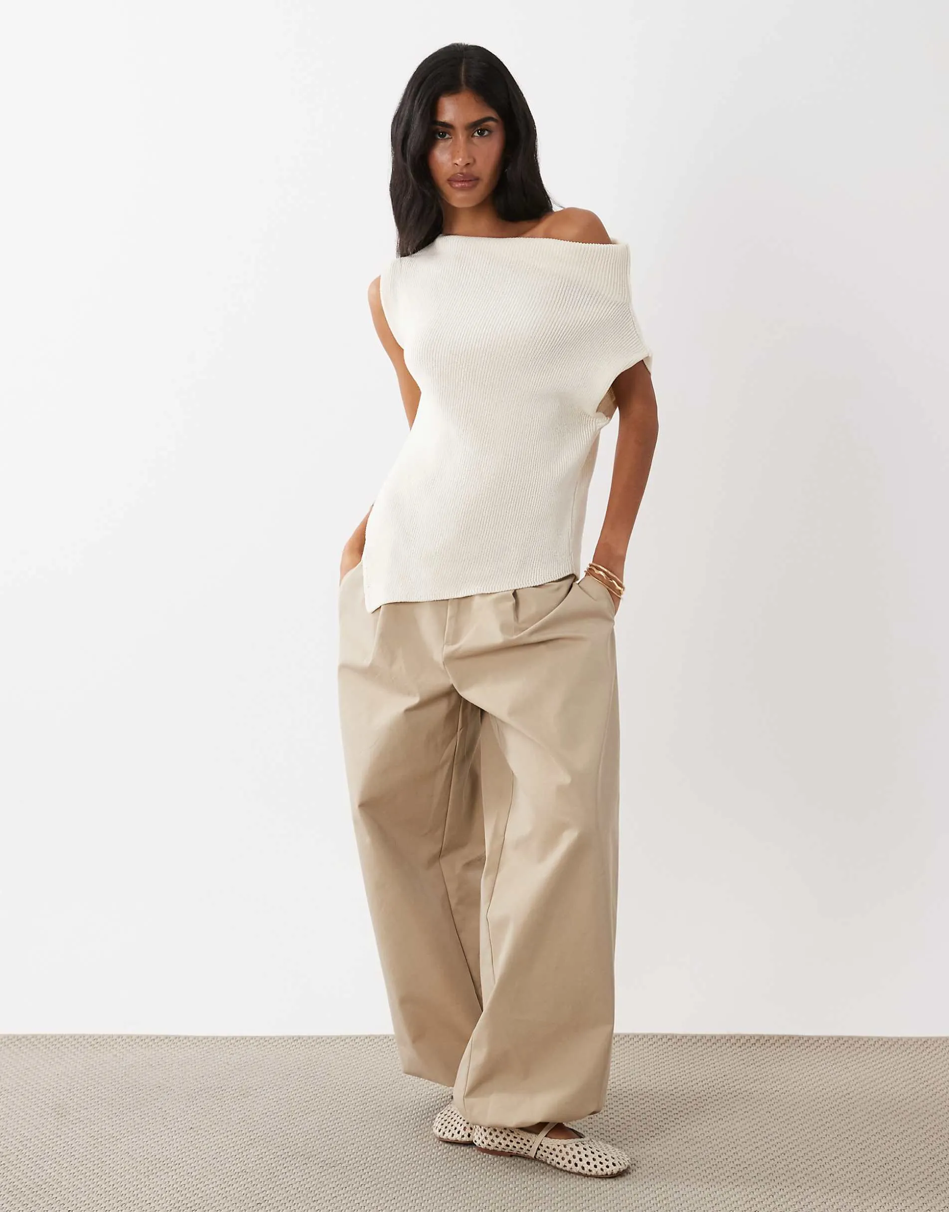 ASOS DESIGN sleeveless asymmetric knitted top in white