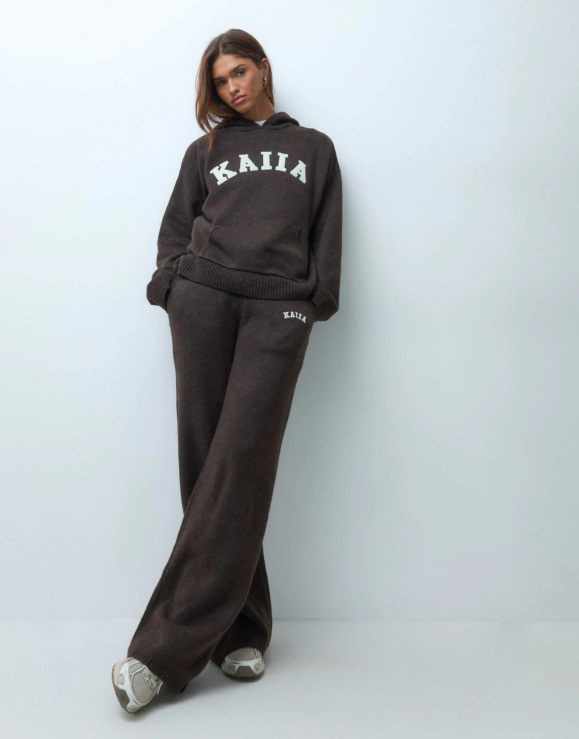 Kaiia wool feel knitted embroidered logo wide leg trouser co-ord in chocolate