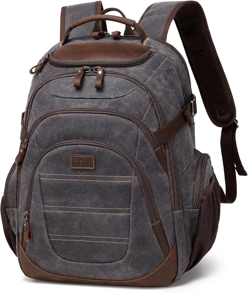 Travel Laptop Backpack 17.3 inch XL Computer Backpack for Men Waxed Canvas College Daypack Business Backpack Black Gray