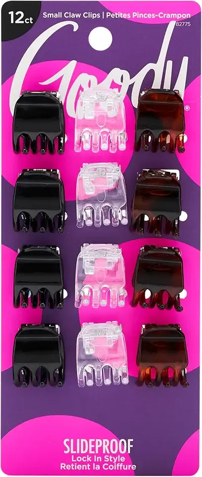 Goody Small Basic Half-Claw Hair Clips, 12-Count – 3-Prong Claw Clips for All Hair Types, Neutral Colors (Black, Tortoise, Clear), SlideProof Grip for All-Day Hold