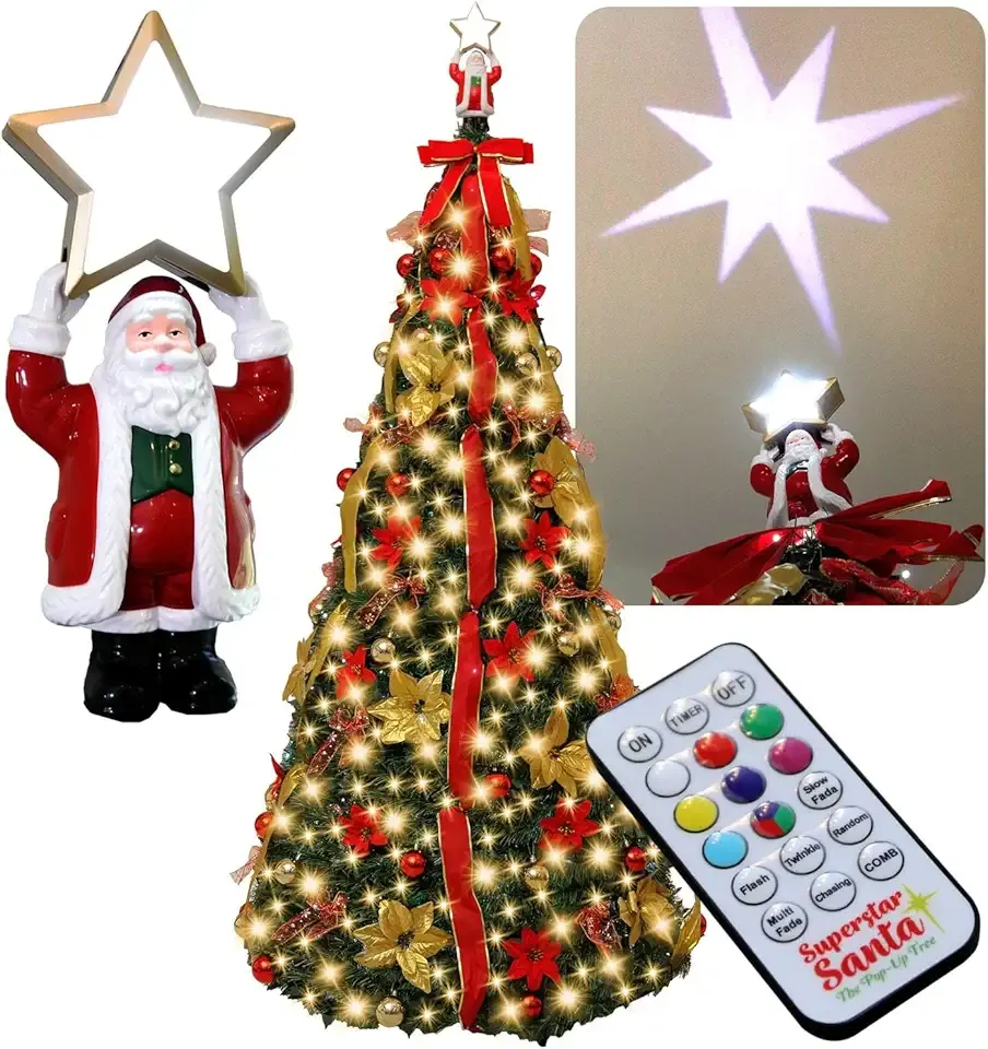 Superstar Santa Pop-Up Signature Series Christmas Tree, 7FT, Pre-Lit w/300 LED Lights, AS SEEN ON TV, Santa Topper Projects North Star, Opens Instantly, Fully Decorated, 7 Colors, 32 Modes w/Remote