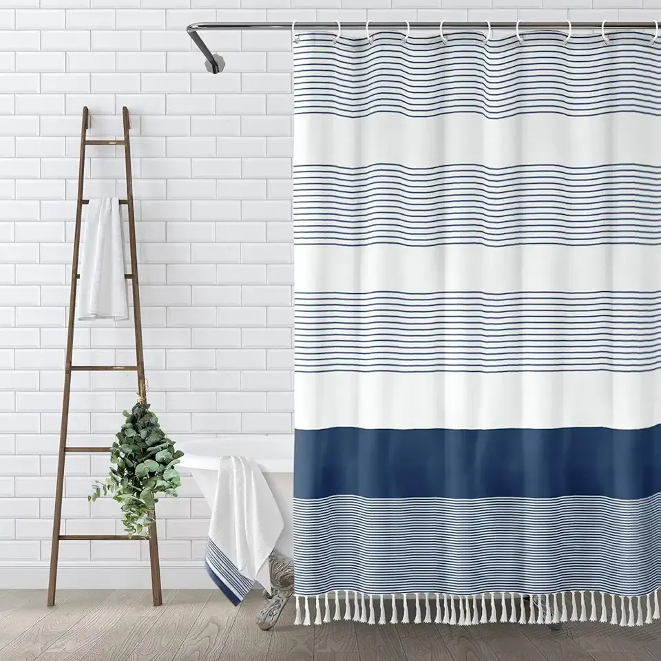 Awellife Navy Blue Shower Curtain for Bathroom Stripe Tassel Shower Curtain 72 X 72 Inches Farmhouse Cotton